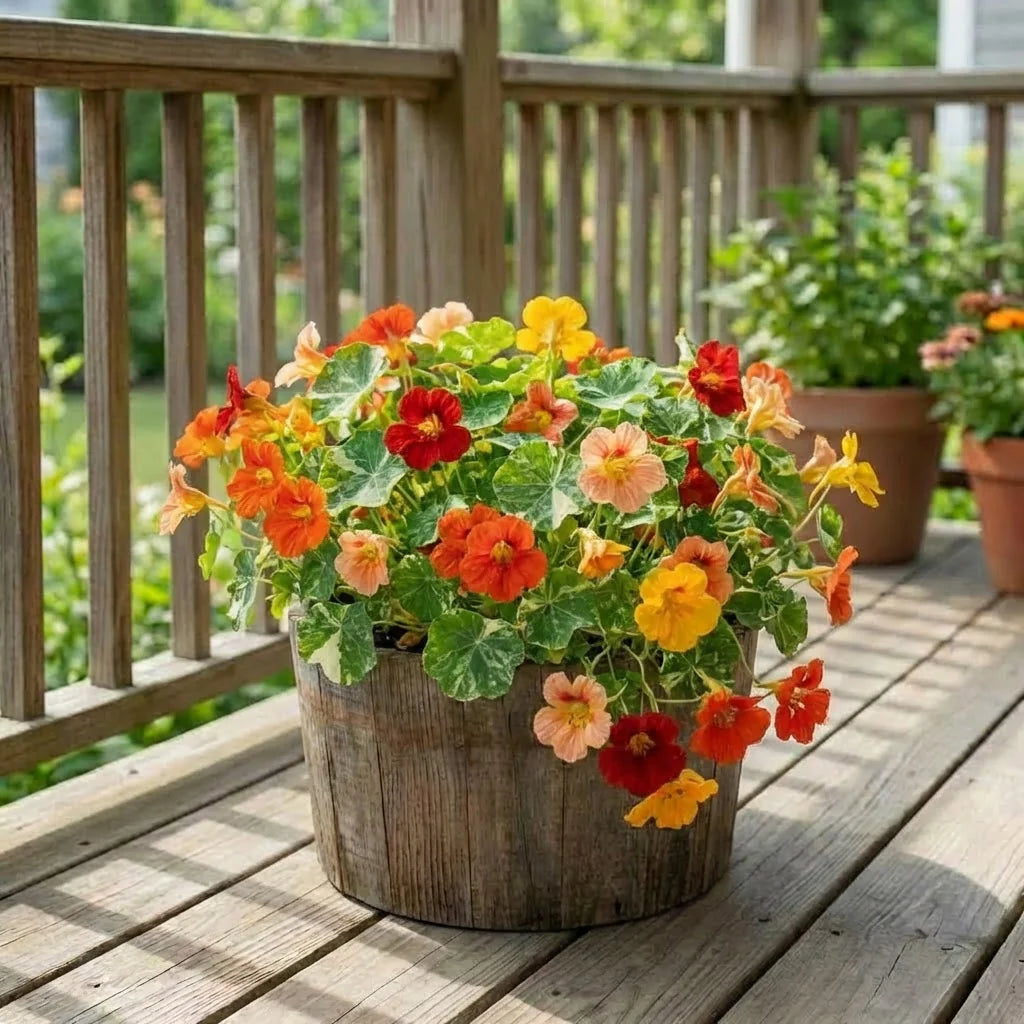 Alaska Mix Nasturtium 25+Seeds – Variegated Foliage, Red Orange Yellow Flowers, Edible