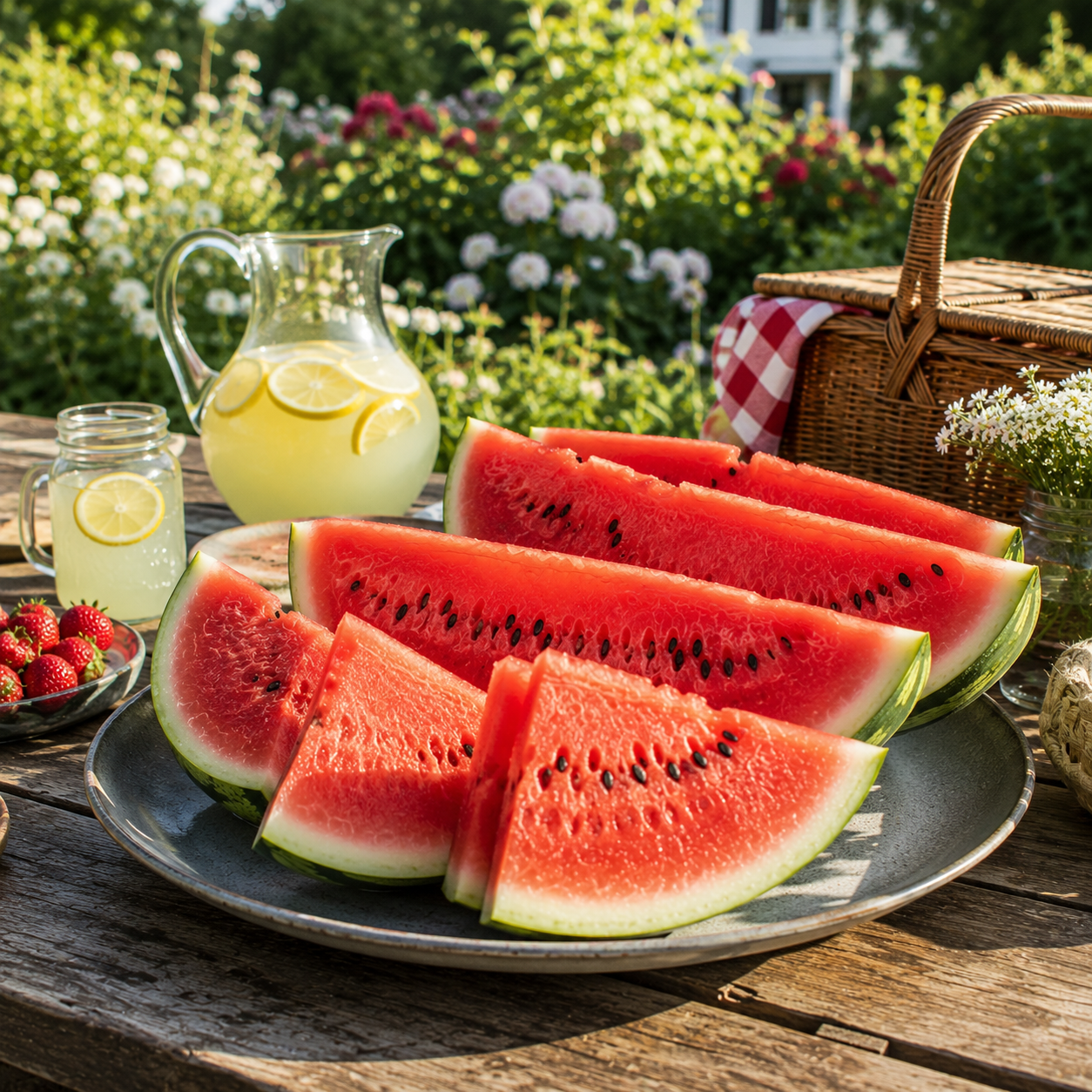A plate of sliced Congo Watermelon – Giant Heirloom Watermelon by Sprouts and Petals sits on a wooden picnic table, accompanied by lemonade, fresh strawberries, a picnic basket, and flowers in a sunlit garden.