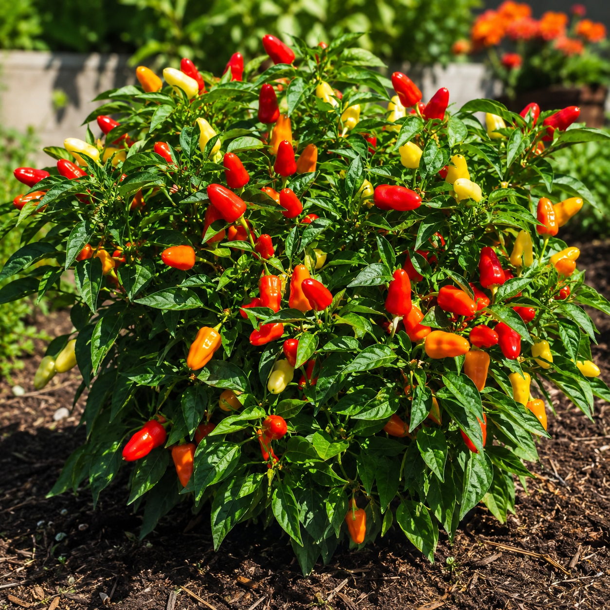 A Sweet Pickle Pepper plant from Sprouts and Petals, grown from Sweet Pickle Pepper 15+ Seeds – Container Colorful Sweet Pepper – Pickling Pepper, is thriving in the garden with its vibrant red, orange, and yellow peppers nestled among lush green leaves; other plants and flowers can be seen softly blurred in the background.