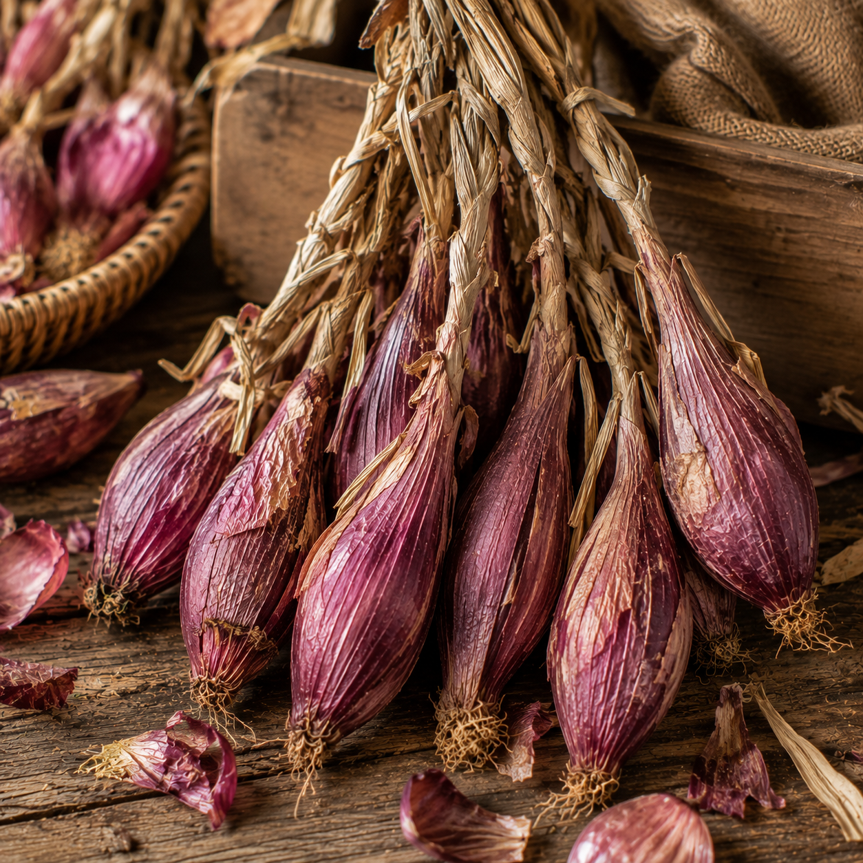 A bundle of Sprouts and Petals Red Torpedo Onions, known for their sweet mild flavor and distinctive Italian heirloom shape, is displayed on a rustic wooden table, accompanied by loose onions and papery skins.