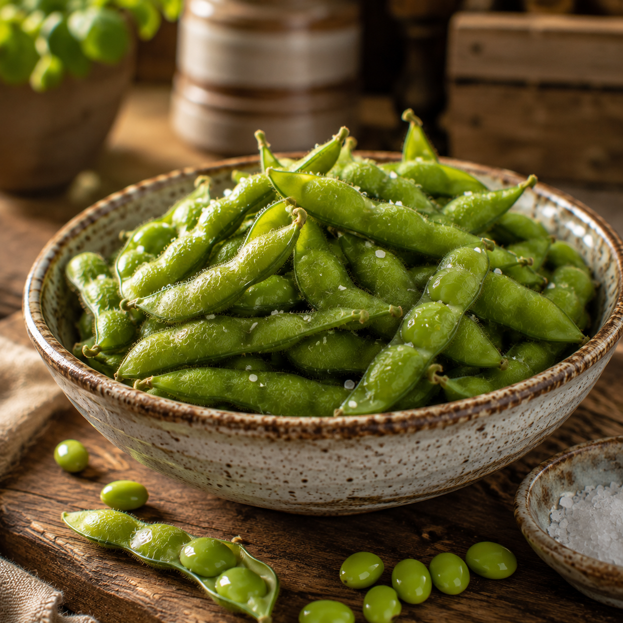 A rustic bowl filled with freshly harvested BeSweet Edamame Soybean from Sprouts and Petals sits on a wooden table, showcasing sweet green soybeans grown from bush edamame seeds. A few loose beans and a small dish of salt nearby add to the warm, cozy kitchen atmosphere.