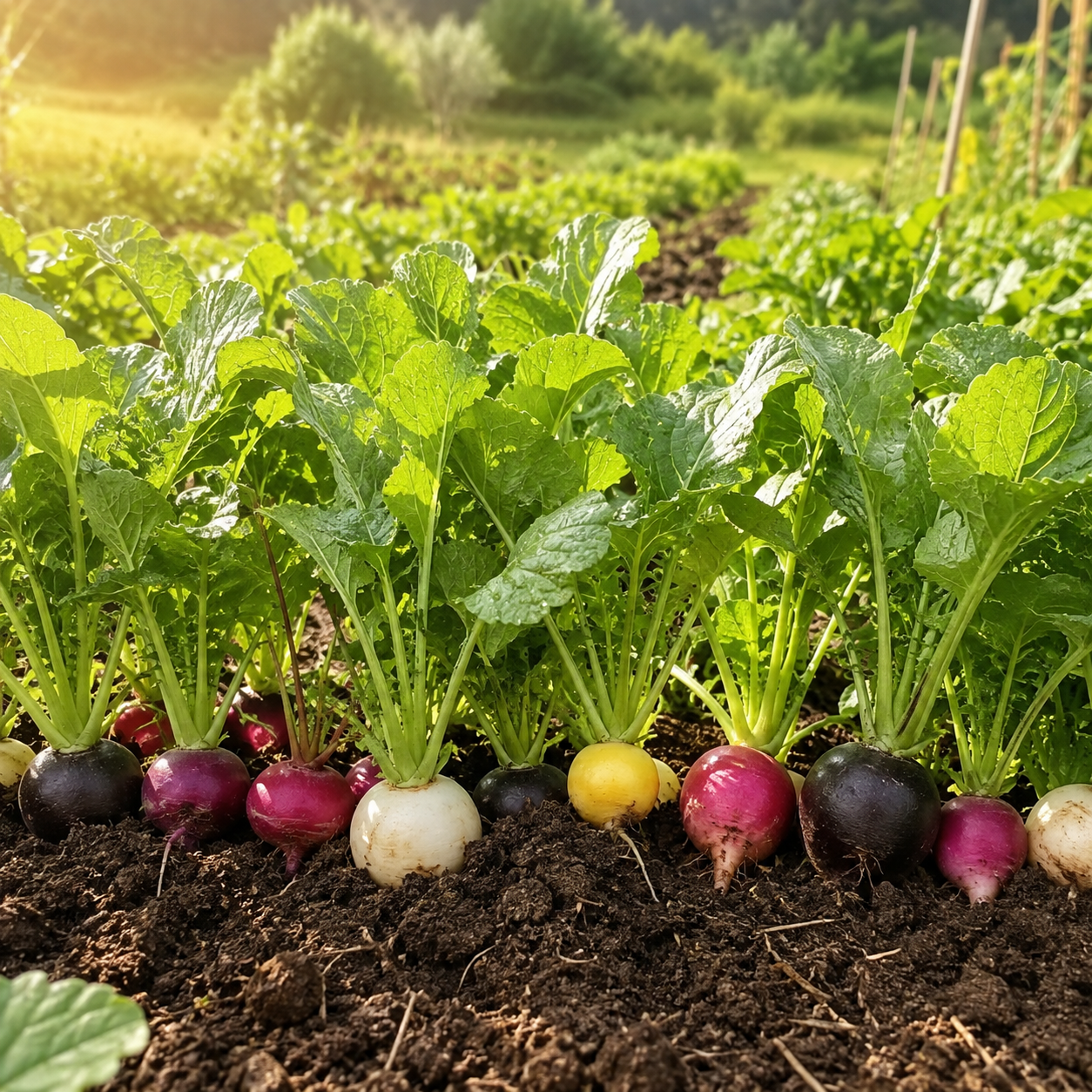 A row of vibrant purple, black, white, and red radishes—grown from Sprouts and Petals Halloween Mix Radish 200 Seeds, a fast-growing heirloom blend—thrives in rich soil, their lush green leaves glowing in the sunlight of a lively vegetable garden.