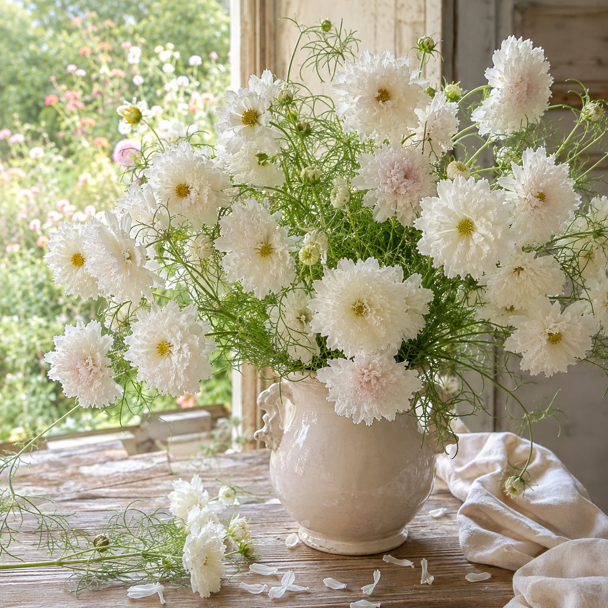 Snow Puff Cosmos 25+Seeds – Fluffy Double White Cosmos