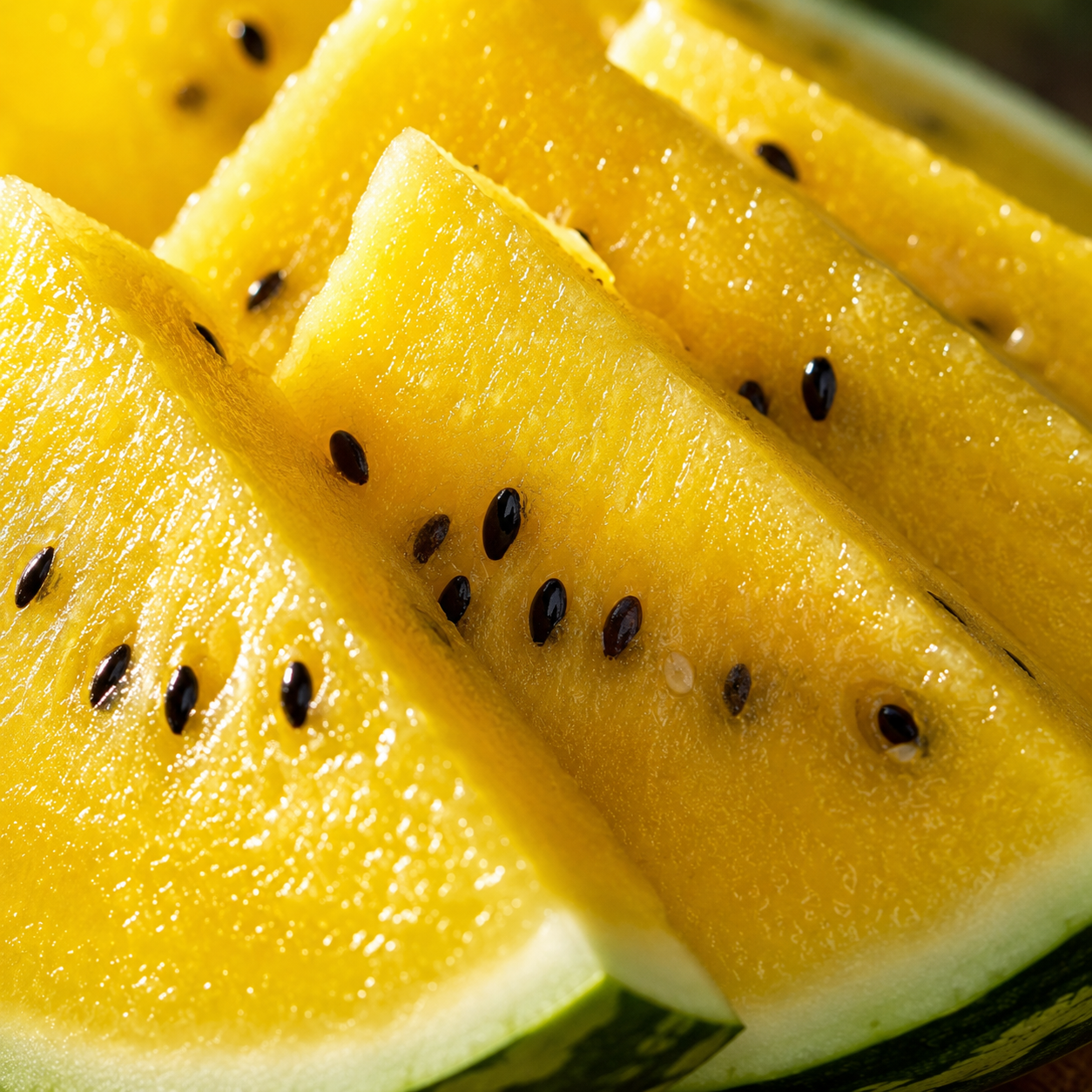 Close-up of several slices of Mountain Sweet Watermelon, grown from Sprouts and Petals’ heirloom Picnic Watermelon seeds, highlighting the juicy, vibrant yellow flesh with black seeds and a contrasting green rind.