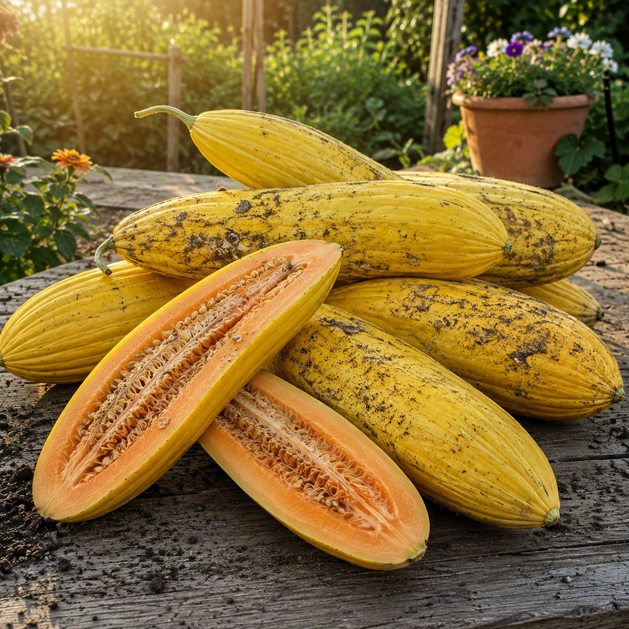 A pile of freshly harvested Banana Melons from Sprouts and Petals, their yellow skin dusted with soil, rests on a wooden table outdoors. One of the sweet heirloom melons—famous for its unique banana shape—is sliced open to display its vibrant orange flesh and seeds. Sunlight streams over the scene, highlighting lush green plants in the background.