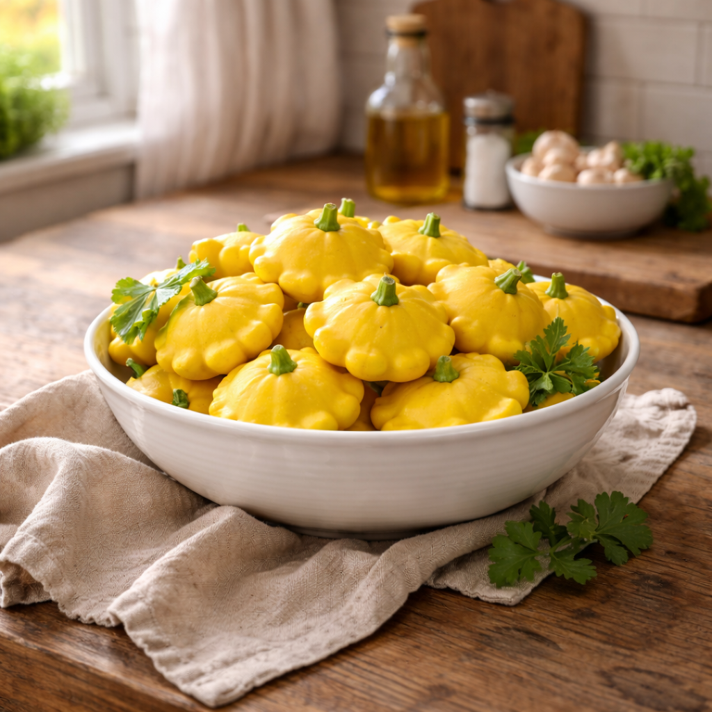 Scallop Yellow Bush Squash Seeds (Pattypan) – Heirloom Summer Squash – Bright Yellow Flying Saucer Shape – Non-GMO Garden Seeds