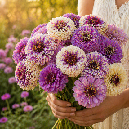 Blueberry Cheesecake Zinnia Seeds – Purple & Cream Zinnias – Unique Bi-Color Zinnia – Cut Flower Garden Seeds
