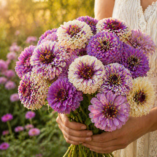 Blueberry Cheesecake Zinnia Seeds – Purple & Cream Zinnias – Unique Bi-Color Zinnia – Cut Flower Garden Seeds