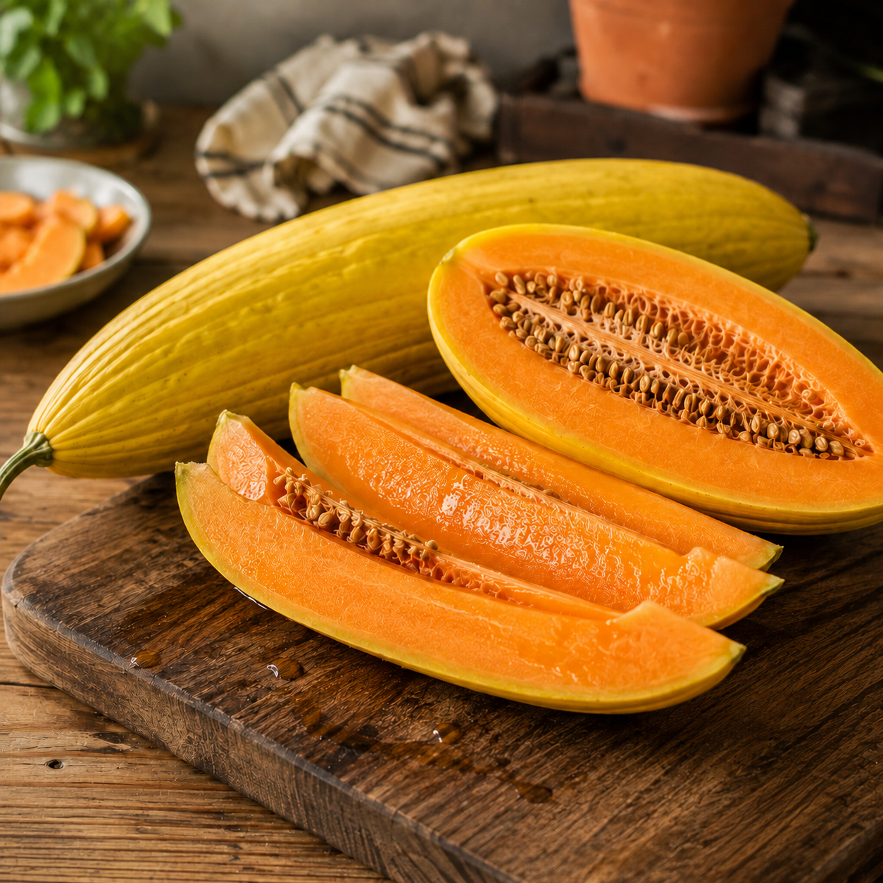 A ripe, yellow Banana Melon grown from Sprouts and Petals’ Banana Melon Seeds is sliced open on a wooden cutting board, showcasing its vibrant orange flesh and seeds. More of these unique, banana-shaped heirloom melons and a dish of slices appear in the background, with a striped towel and potted plant nearby.