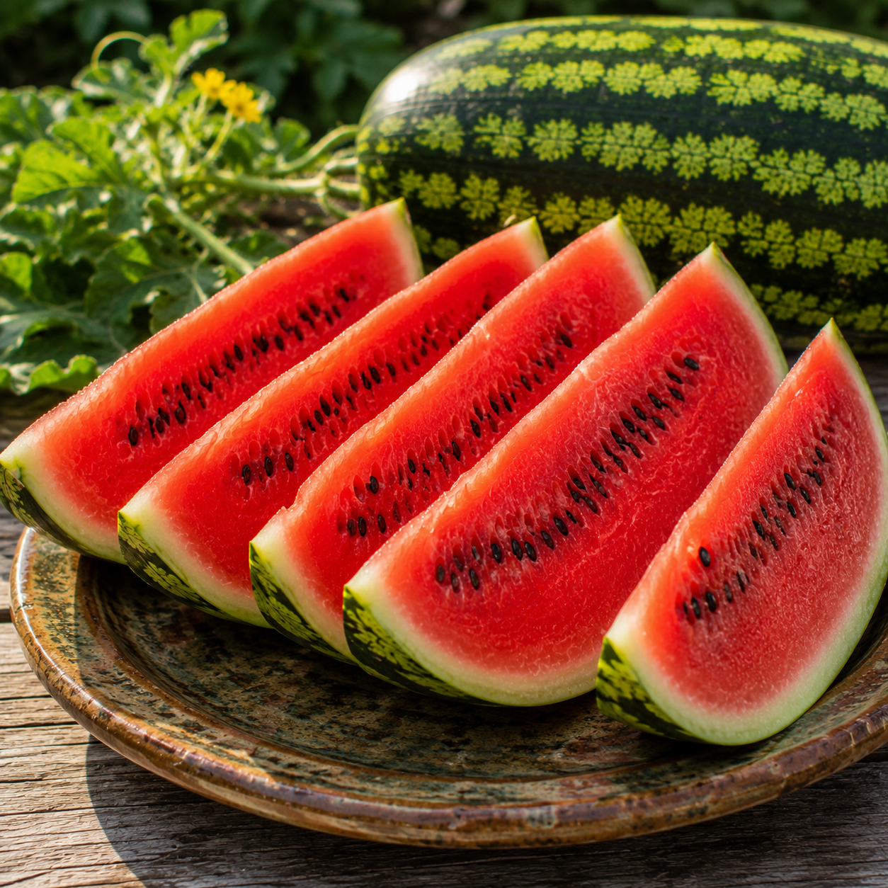 A ceramic plate displays six slices of ripe, red-fleshed Congo Watermelon from Sprouts and Petals, each sprinkled with black seeds; in the background outdoors, a whole uncut Giant Heirloom Congo Watermelon—known for producing fruit up to 50 lb—rests on a wooden surface alongside green leaves.