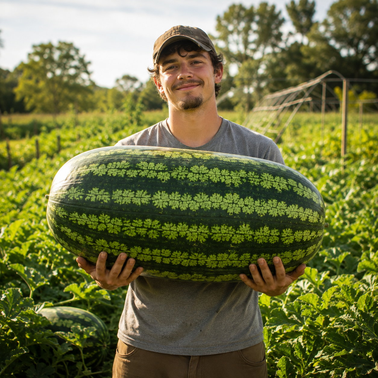 A man in a gray shirt and cap smiles while holding a giant heirloom Congo Watermelon—grown from Sprouts and Petals’ Congo Watermelon seeds, producing fruits up to 50 lb—in a lush green field with trees and a wire trellis in the background.