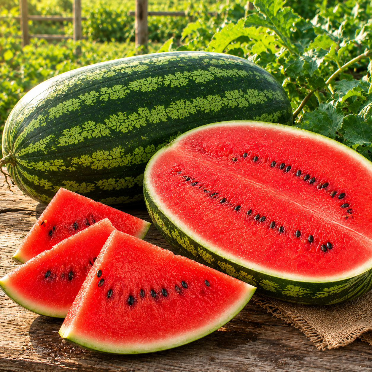 A whole Congo watermelon from Sprouts and Petals, a half melon, and three triangular slices—each showcasing vibrant red pulp dotted with black seeds—are arranged on a wooden surface outdoors amidst lush green leaves. This giant heirloom variety can produce fruit weighing up to 50 pounds.