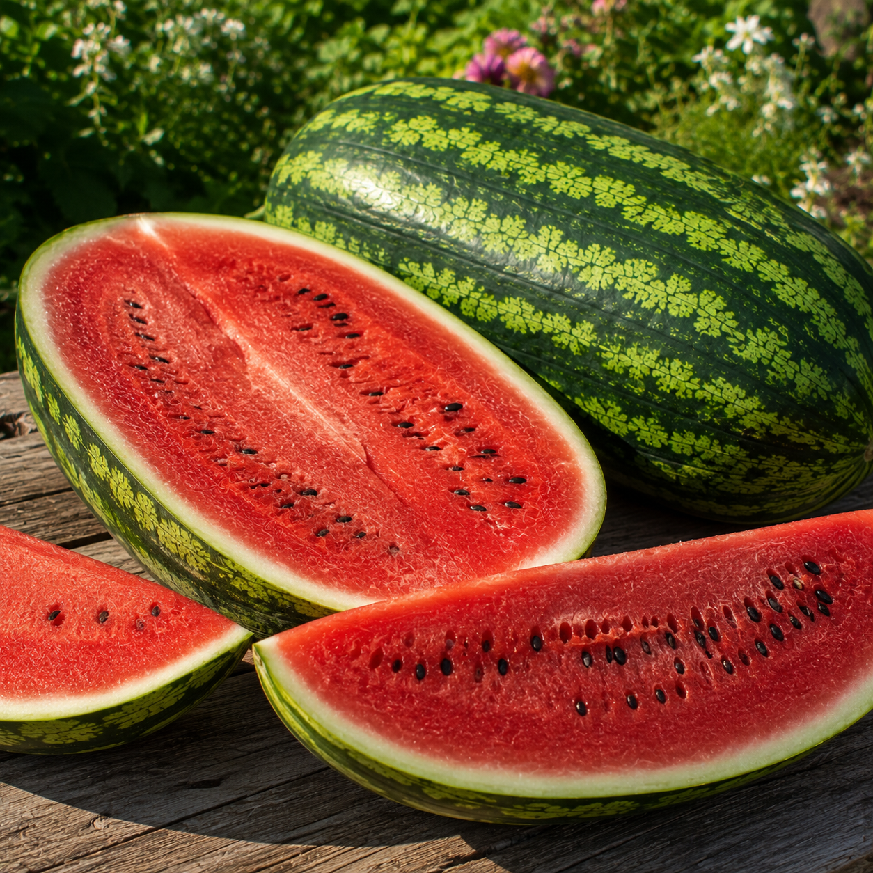 Sliced Sprouts and Petals Congo Watermelon – Giant Heirloom Watermelon with bright red flesh and black seeds displayed on a wooden surface outdoors, accompanied by a whole Congo watermelon (up to 50 lb fruit) and lush green plants in the background.