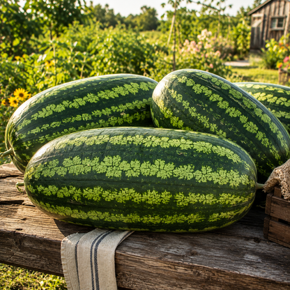 Four giant heirloom Congo watermelons from Sprouts and Petals, each with vibrant green striped rinds, rest on a rustic wooden table outdoors amid lush garden greenery, with a glimpse of a small house in the background on a sunny day. These watermelons can reach up to 50 pounds each and are grown from the 25 seeds included in the pack.