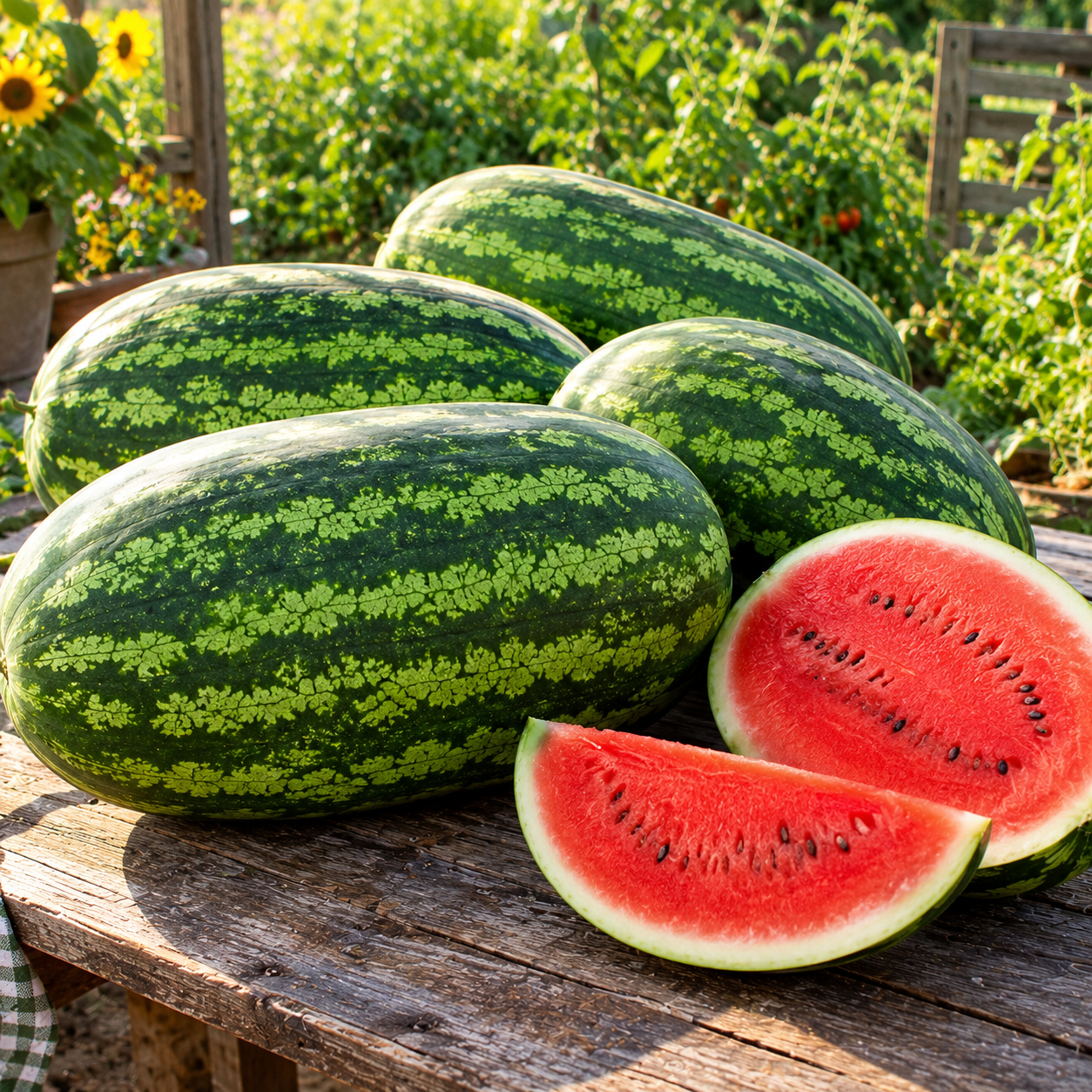 Four whole Sprouts and Petals Congo Watermelons—giant heirloom varieties that can reach up to 50 pounds—and one cut open to display its vibrant red flesh and classic black seeds are arranged on a rustic wooden table outdoors, surrounded by lush greenery and blooming sunflowers.