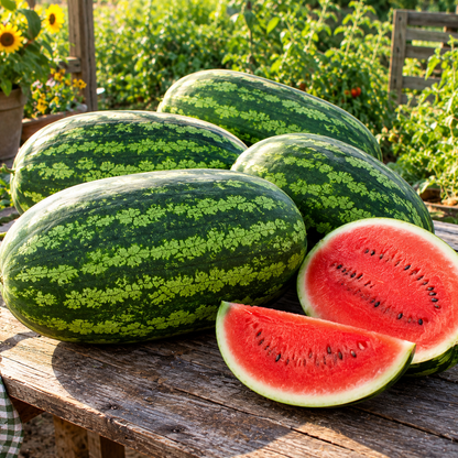 Four whole Sprouts and Petals Congo Watermelons—giant heirloom varieties that can reach up to 50 pounds—and one cut open to display its vibrant red flesh and classic black seeds are arranged on a rustic wooden table outdoors, surrounded by lush greenery and blooming sunflowers.