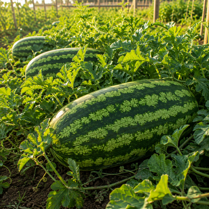 Sprouts and Petals’ Congo Watermelon – Giant Heirloom Watermelon, known for producing massive fruits up to 50 lbs, flourishing on the vine in a sunlit garden among lush green leaves and stems, with rich soil visible beneath; each seed packet contains 25 seeds.