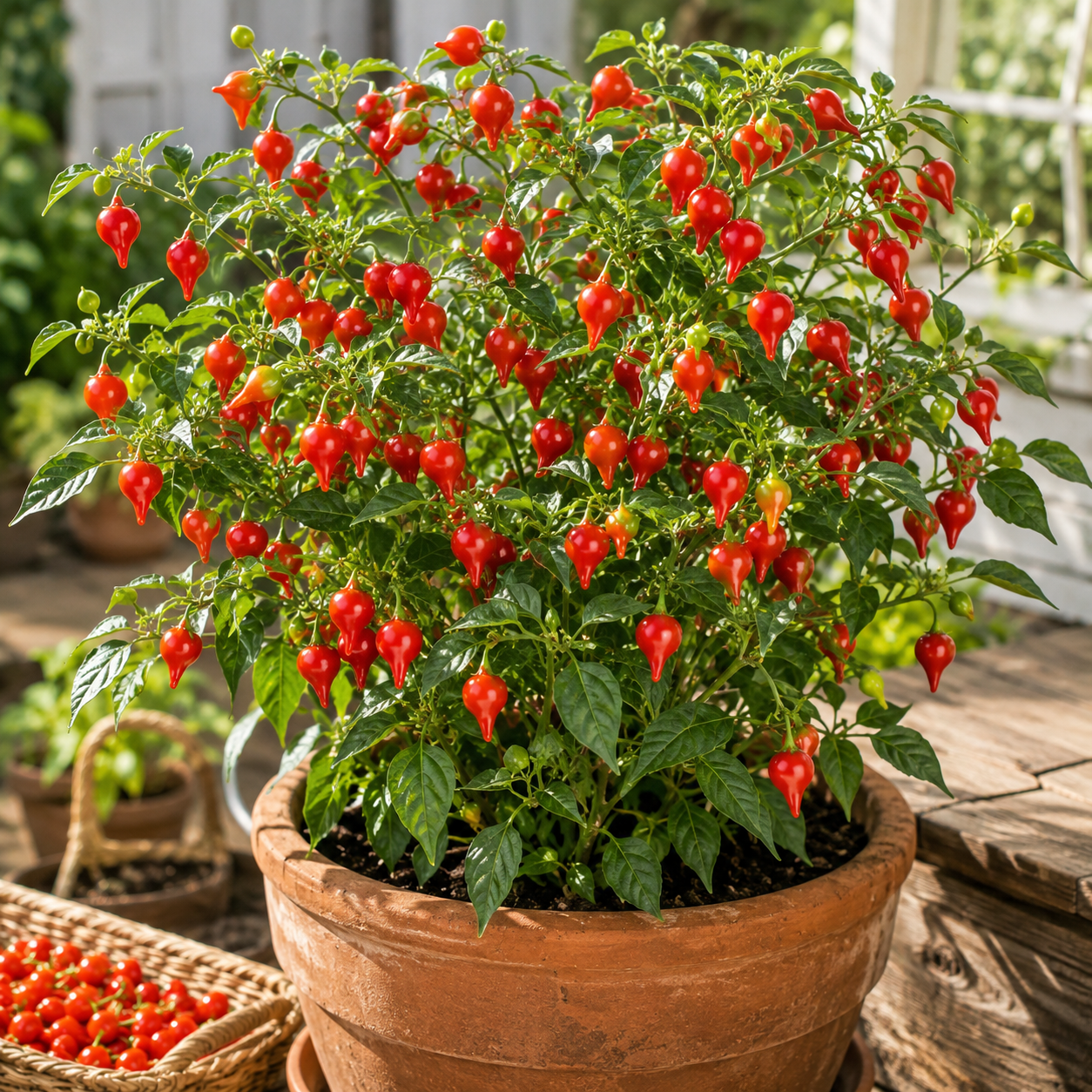 A flourishing Biquinho Red Pepper plant, grown from Sprouts and Petals’ Biquinho Red Pepper 25 Seeds – Brazilian Hot Pepper Unique Heirloom, sits in a pot on a wooden outdoor table. Nearby, a basket brims with these mild, teardrop-shaped red chili peppers. Sunlight pours in through a window in the background.