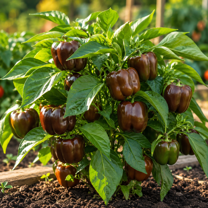 A Miniature Chocolate Bell Pepper plant from Sprouts and Petals, thriving in a garden, is covered with abundant glossy brown mini sweet peppers nestled among vibrant green leaves, with rich soil and other compact plants visible in the background.