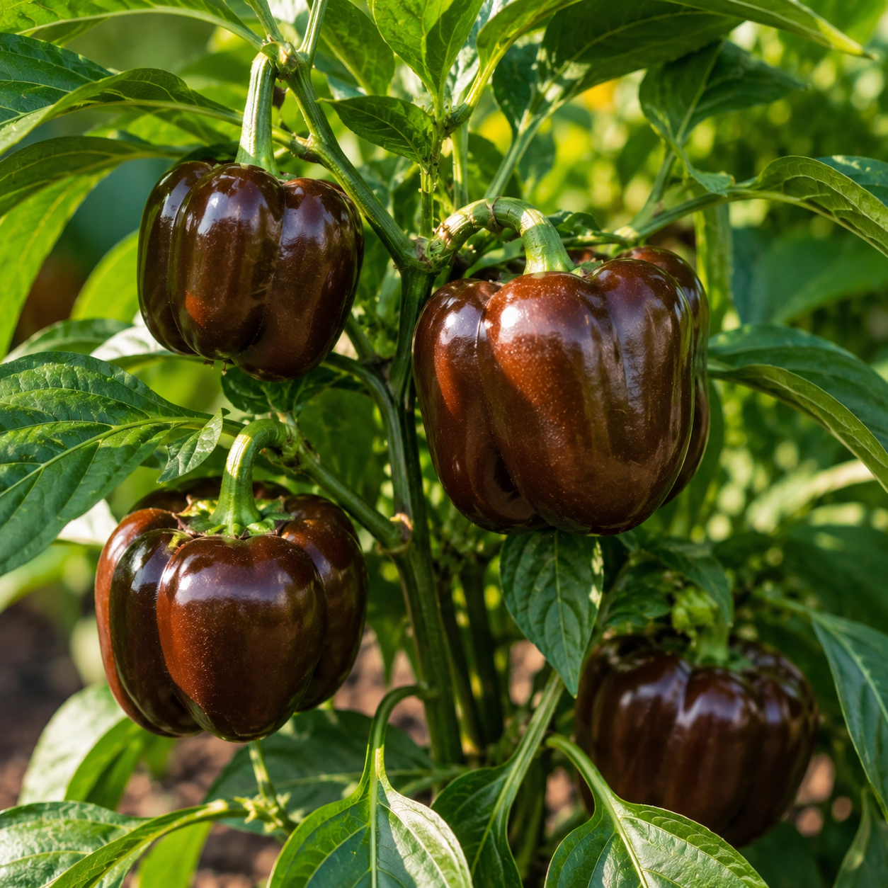 Four glossy, dark brown Miniature Chocolate Bell Peppers from Sprouts and Petals’ heirloom variety flourish on compact plants outdoors, surrounded by healthy leaves in a sunlit garden—grown from Miniature Chocolate Bell Pepper 25 Seeds (Sweet Heirloom Mini Pepper).