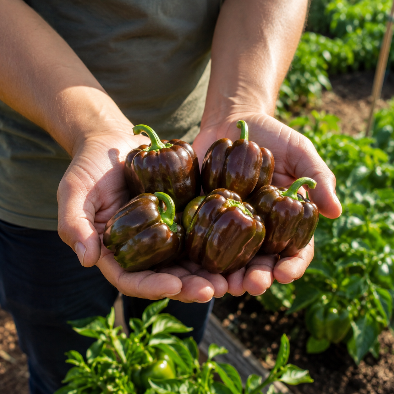 A person holds several small, dark brown Miniature Chocolate Bell Peppers from Sprouts and Petals in their hands, with compact Sweet Heirloom Mini Pepper plants and green foliage growing in a garden visible in the background.