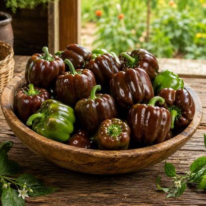 A rustic wooden bowl brimming with dark purple and green sweet peppers, including Sprouts and Petals Miniature Chocolate Bell Peppers from their “Miniature Chocolate Bell Pepper 25 Seeds – Sweet Heirloom Mini Pepper – Brown Bell Pepper – Container Pepper” collection, sits on a weathered table with a softly blurred garden in the background.