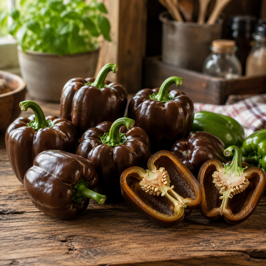 A group of chocolate-brown sweet peppers, including one of the Sprouts and Petals Miniature Chocolate Bell Peppers (from the “Miniature Chocolate Bell Pepper 25 Seeds – Sweet Heirloom Mini Pepper – Brown Bell Pepper – Container Pepper” pack) cut open to reveal its seeds, sits on a rustic wooden table with herbs and kitchen items in the background. These compact plants from Sprouts and Petals produce beautifully colored brown bell peppers, making them perfect for any garden or kitchen.