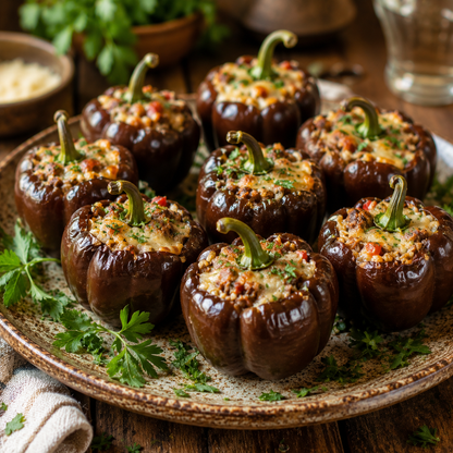 A plate of nine stuffed Sweet Heirloom Miniature Chocolate Bell Peppers from Sprouts and Petals, filled with ground meat, herbs, and melted cheese and garnished with parsley, sits atop a rustic wooden table.