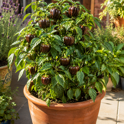 A lush, potted Miniature Chocolate Bell Pepper plant from Sprouts and Petals displays its unique dark brown, sweet heirloom mini peppers nestled among vibrant green leaves—an attractive addition to the patio alongside other plants.