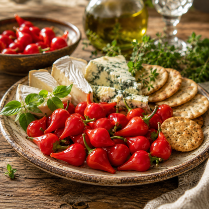 On a rustic wooden table, a plate displays Biquinho Red Peppers grown from Sprouts and Petals’ Biquinho Red Pepper 25 Seeds – Brazilian Hot Pepper Unique Heirloom, alongside red cherry peppers, assorted cheeses, crackers, fresh herbs, and a bowl of extra peppers, with a bottle of olive oil in the background.