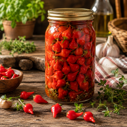 A packet of Biquinho Red Pepper 25 Seeds – Brazilian Hot Pepper Unique Heirloom by Sprouts and Petals rests on a rustic wooden table, surrounded by fresh herbs, loose mild chili peppers, garlic, and a striped cloth.
