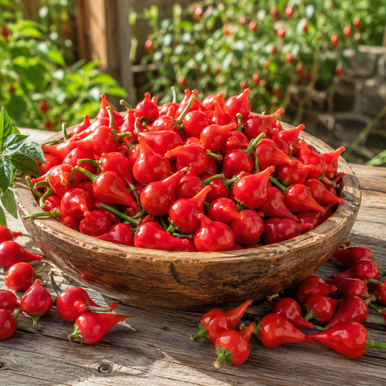 A rustic wooden bowl overflowing with vibrant Biquinho Red Peppers—grown from Sprouts and Petals’ Biquinho Red Pepper 25 Seeds, a unique Brazilian hot pepper heirloom—is displayed on an outdoor wooden table, surrounded by other mild chili peppers and set against a backdrop of lush green plants.
