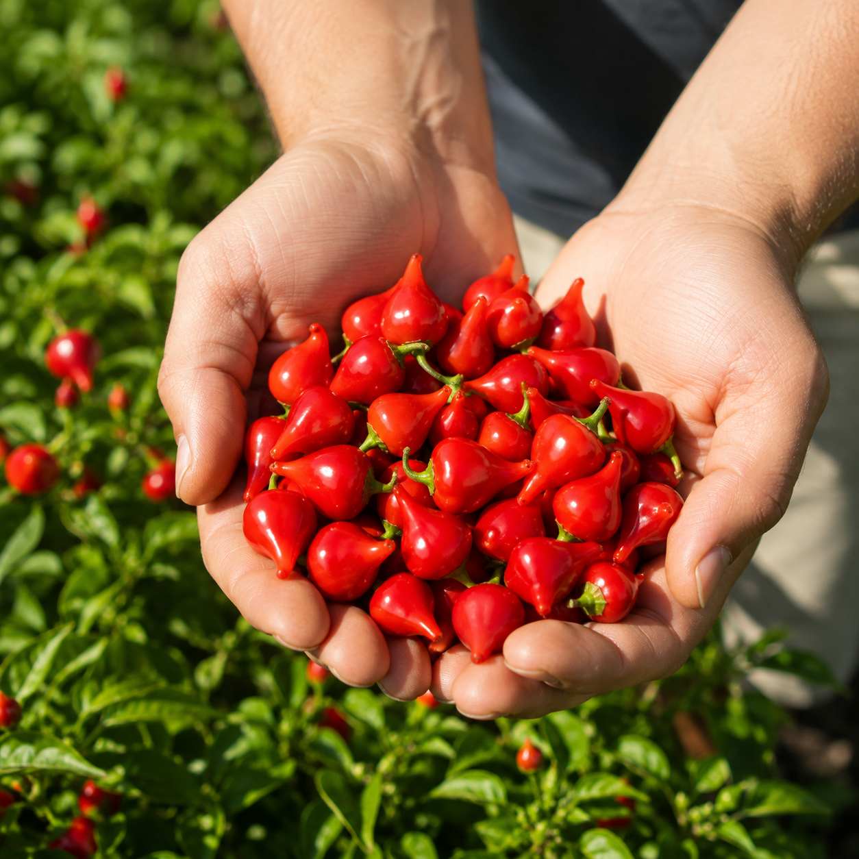 A person holds a handful of small, red, pear-shaped Biquinho Red Peppers, grown from Sprouts and Petals Biquinho Red Pepper 25 Seeds – Brazilian Hot Pepper Unique Heirloom, above a lush green pepper plant.