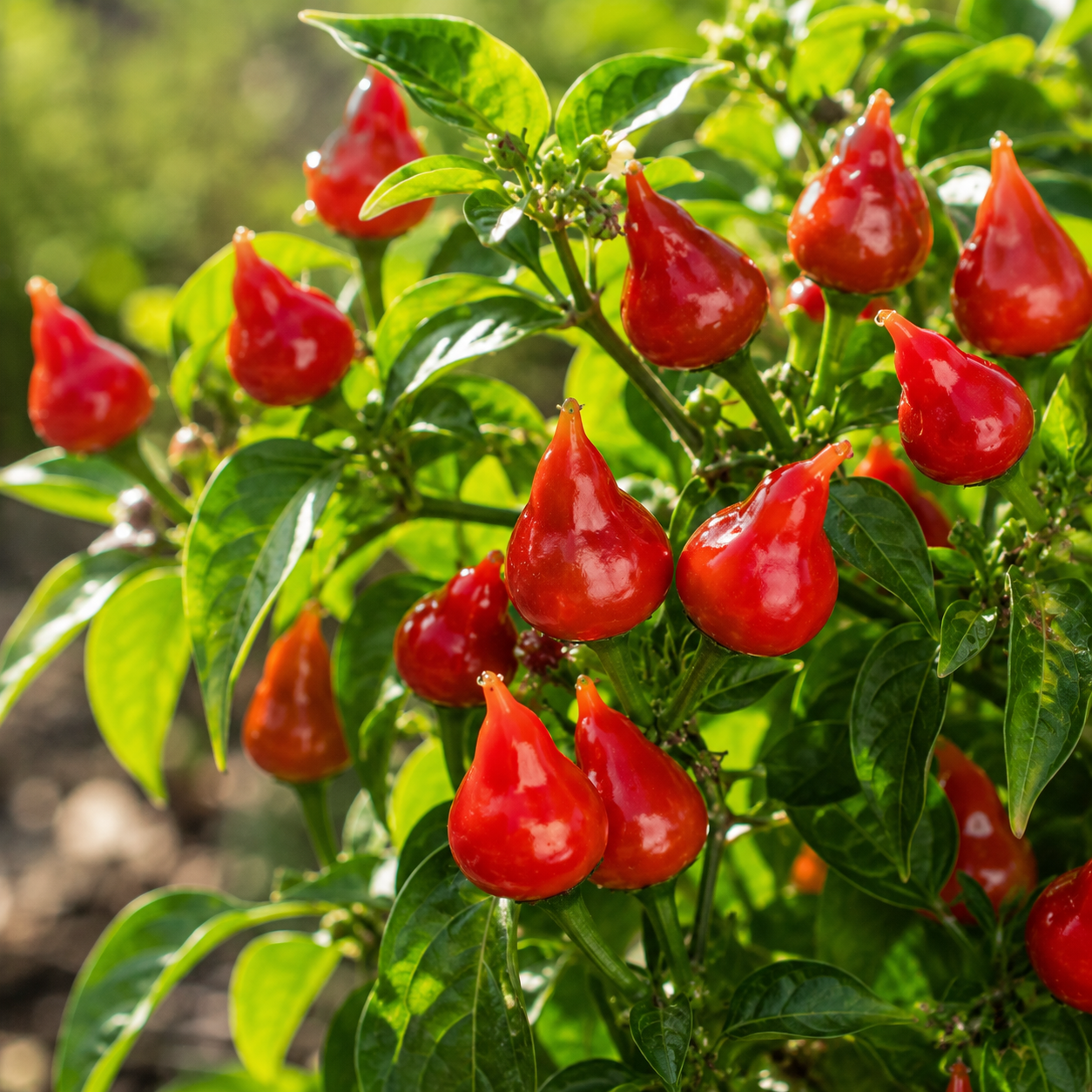 Lush green plants bask in sunlight, bearing clusters of bright red, teardrop-shaped Biquinho Red Peppers with glossy skins. These mild chili peppers—the Biquinho Red Pepper 25 Seeds – Brazilian Hot Pepper Unique Heirloom from Sprouts and Petals—grow abundantly outdoors on leafy branches.