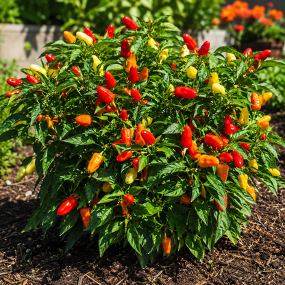 A Sweet Pickle Pepper plant from Sprouts and Petals, grown from Sweet Pickle Pepper 15+ Seeds – Container Colorful Sweet Pepper – Pickling Pepper, is thriving in the garden with its vibrant red, orange, and yellow peppers nestled among lush green leaves; other plants and flowers can be seen softly blurred in the background.