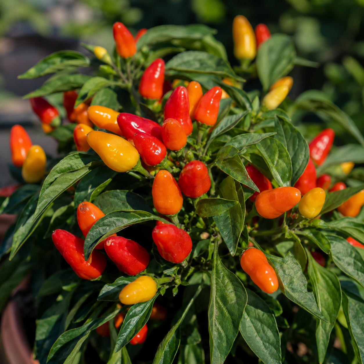 A Sweet Pickle Pepper plant from Sprouts and Petals, grown from their Sweet Pickle Pepper 15+ Seeds, showcases an array of small, colorful red, orange, and yellow peppers nestled among lush green foliage—perfect for pickling and container gardening.