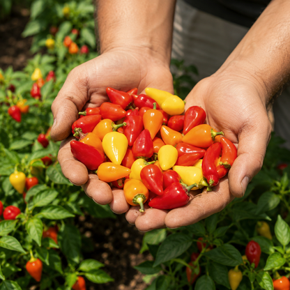 A person holds a colorful handful of Sweet Pickle Pepper 15+ Seeds – Container Colorful Sweet Pepper – Pickling Peppers from Sprouts and Petals, with vibrant pepper plants and soil visible in the background.