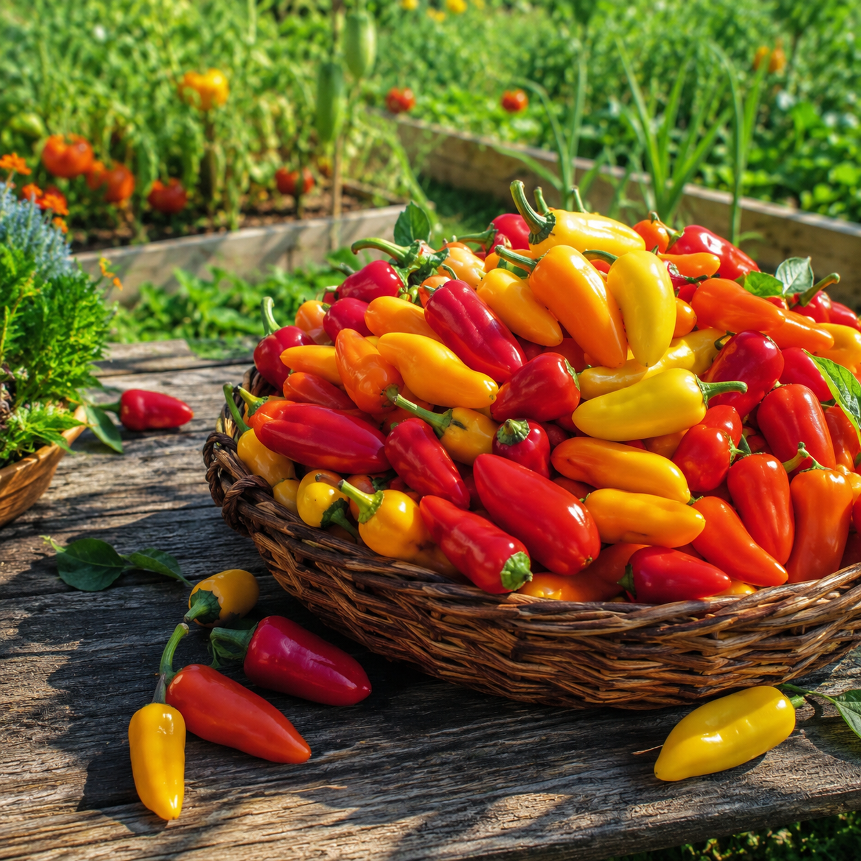 A rustic wooden table in a vibrant vegetable garden displays a woven basket brimming with red, yellow, and orange sweet peppers. Among the lively harvest are Sweet Pickle Peppers, grown from Sprouts and Petals’ “Sweet Pickle Pepper 15+ Seeds – Container Colorful Sweet Pepper – Pickling Pepper,” bringing ornamental charm to the lush green backdrop of plants and beds.