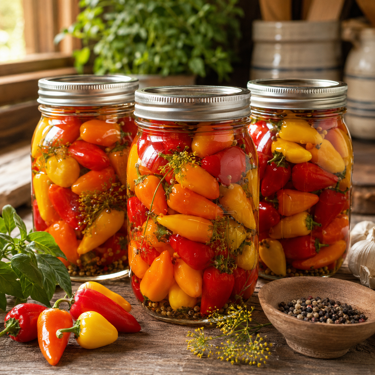Three glass jars filled with vibrant red, yellow, and orange Sweet Pickle Peppers grown from Sprouts and Petals’ Sweet Pickle Pepper 15+ Seeds sit on a wooden table. Fresh harvested sweet peppers, aromatic herbs, a bowl of peppercorns, and lush green plants surround the scene, all bathed in sunlight from a nearby window.