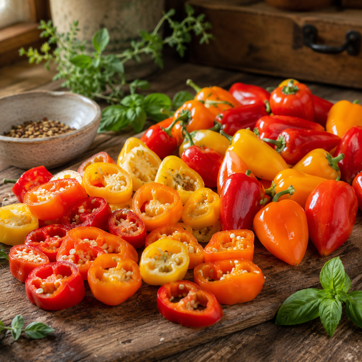 A rustic wooden table displays a mix of whole and sliced Sprouts and Petals Sweet Pickle Pepper pods in vibrant red, yellow, and orange hues, surrounded by fresh herbs and a bowl of spices.