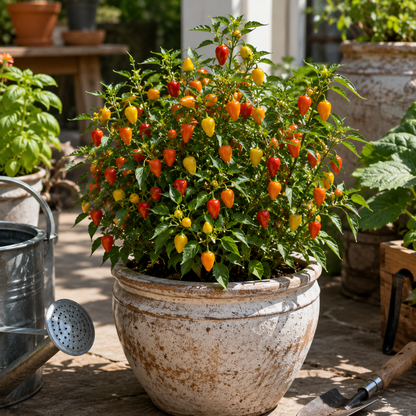 A Sweet Pickle Pepper plant from Sprouts and Petals, grown from the “Sweet Pickle Pepper 15+ Seeds – Container Colorful Sweet Pepper – Pickling Pepper,” displays its vibrant red, orange, and yellow peppers in a pot on the patio among other garden items like a watering can and lush green plants basking in sunlight.