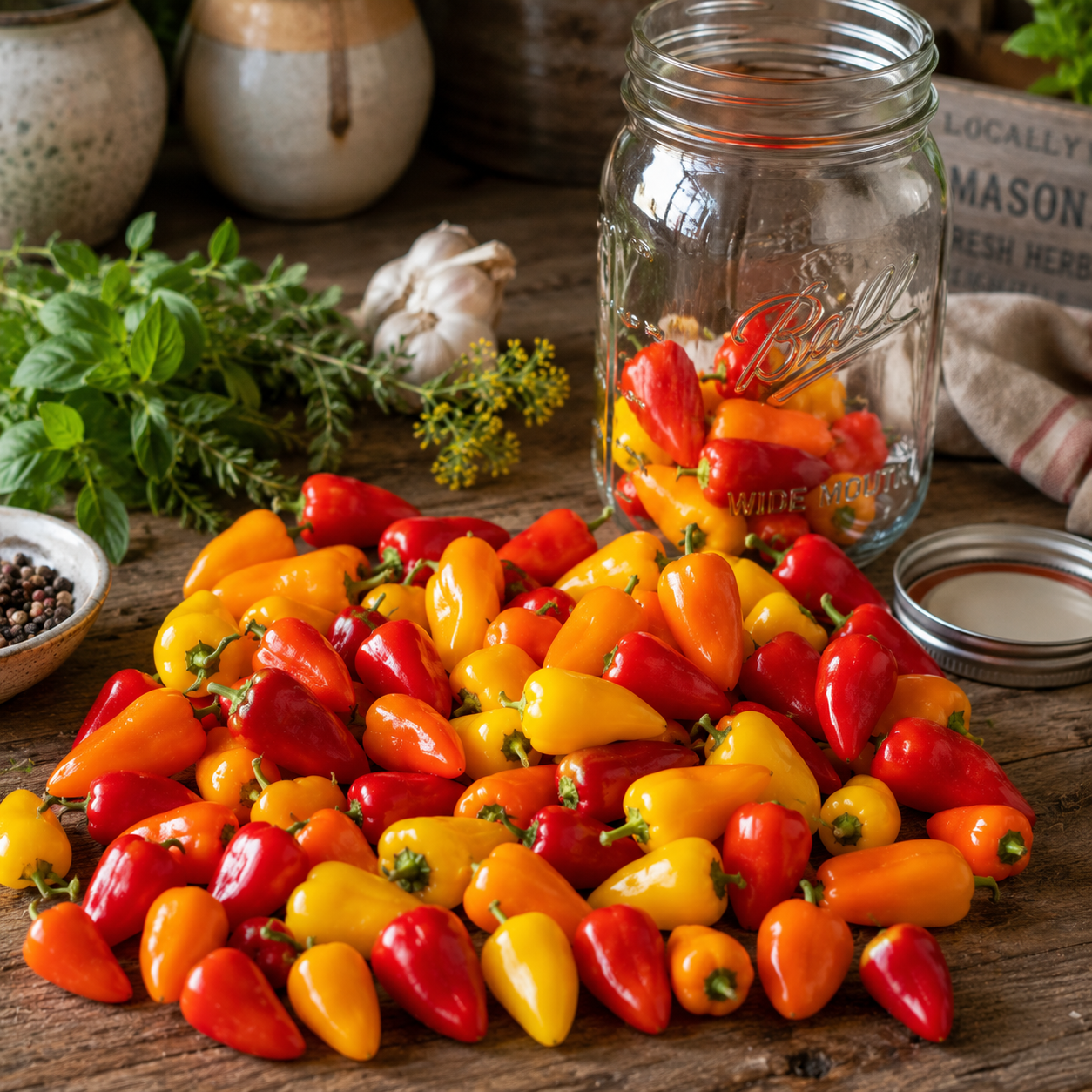 A vibrant assortment of red, orange, and yellow Sweet Pickle Pepper pods—grown from Sprouts and Petals’ Sweet Pickle Pepper 15+ Seeds (Container Colorful Sweet Pepper – Pickling Pepper)—rests atop a rustic wooden table, with several nestled in a glass jar. Fresh herbs, garlic, and spices provide an aromatic backdrop that highlights their pickling potential.