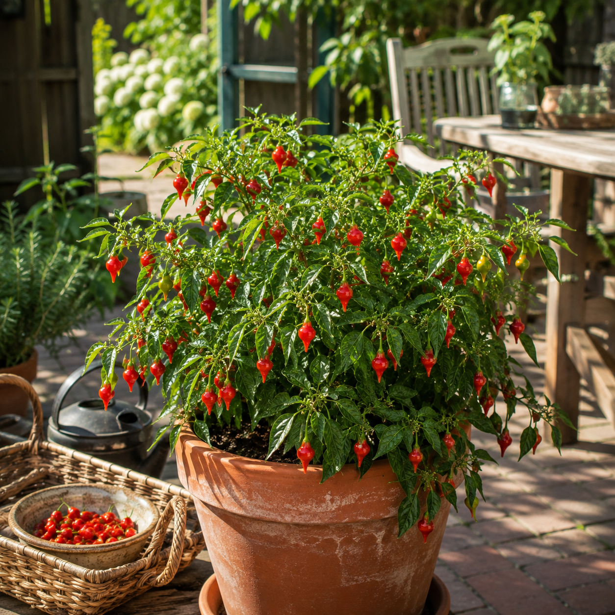 A vibrant Biquinho Red Pepper plant, grown from Sprouts and Petals’ Biquinho Red Pepper 25 Seeds – Brazilian Hot Pepper Unique Heirloom, sits on a sunny patio covered with clusters of small red peppers. Nearby, a wooden table and chairs are arranged with baskets and a bowl filled with freshly picked Biquinho Red Peppers, while lush green plants fill the background.