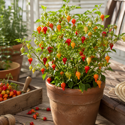 A pot of vibrant Biquinho Red Peppers from Sprouts and Petals, grown from their “Biquinho Red Pepper 25 Seeds – Brazilian Hot Pepper Unique Heirloom,” sits on a wooden patio table. The plant features small, teardrop-shaped peppers in hues of green, yellow, orange, and red, alongside a basket of freshly harvested peppers—showcasing this beloved Brazilian variety known for its mild heat and colorful display.