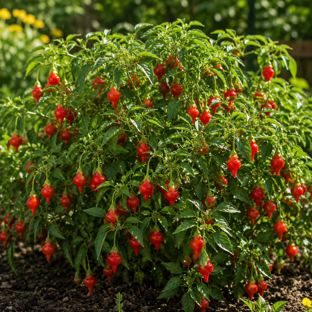 A lush Biquinho Red Pepper plant from Sprouts and Petals flourishes in the garden, displaying clusters of small, vivid red, lantern-shaped peppers among verdant leaves. Sunlight illuminates this unique heirloom variety—grown from Biquinho Red Pepper 25 Seeds—showcasing its mild Brazilian hot chili fruits against a softly blurred green background.
