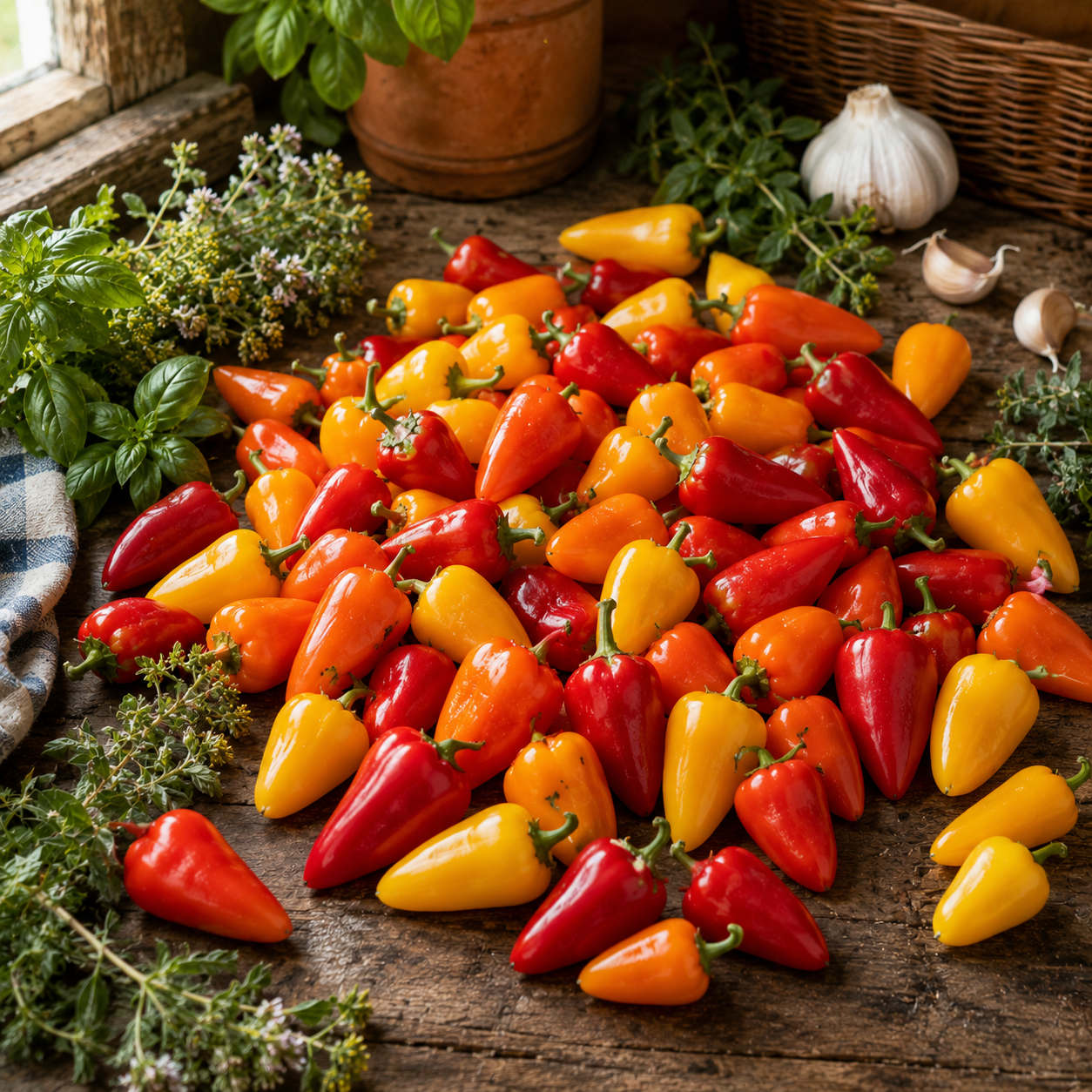 A vibrant assortment of Sprouts and Petals Sweet Pickle Pepper mini bell peppers, grown from the Sweet Pickle Pepper 15+ Seeds – Container Colorful Sweet Pepper – Pickling Pepper, are displayed on a rustic wooden table alongside fresh herbs, garlic bulbs, and a potted plant in a bright, sunlit kitchen.