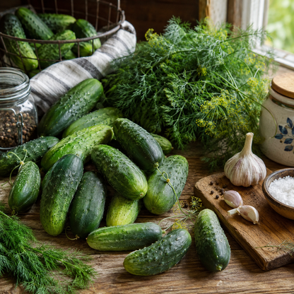 Fresh pickling cucumbers, dill, garlic, and salt are arranged on a rustic wooden table near a window, with a jar of peppercorns and a metal basket filled with Sprouts and Petals’ Sumter Organic Cucumber 50+ Seeds – Heirloom Pickling Cucumber in the background.