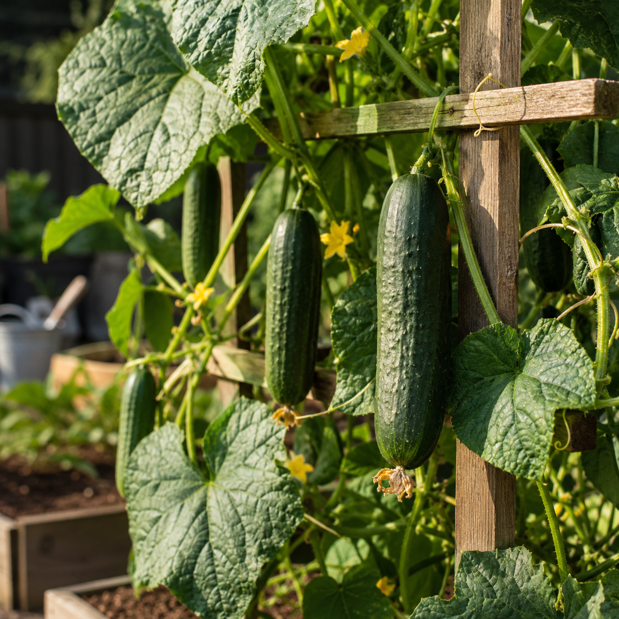 Sumter Organic Cucumber plants from Sprouts and Petals are shown growing on a vine supported by a wooden trellis in the garden. The lush green leaves and delicate yellow flowers surround plump pickling cucumbers, produced from 50+ heirloom seeds of Sumter Organic Cucumber.
