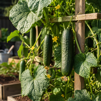 Sumter Organic Cucumber plants from Sprouts and Petals are shown growing on a vine supported by a wooden trellis in the garden. The lush green leaves and delicate yellow flowers surround plump pickling cucumbers, produced from 50+ heirloom seeds of Sumter Organic Cucumber.