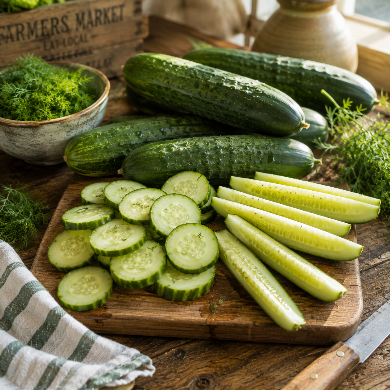 Whole, sliced, and spear-cut cucumbers rest on a wooden cutting board beside fresh dill, a striped kitchen towel, and rustic kitchen accents in the background. At the center of this inviting scene is the Sumter Organic Cucumber 50+ Seeds – Heirloom Pickling Cucumber from Sprouts and Petals, an ideal choice for enjoying crisp cucumbers fresh or as classic pickles.